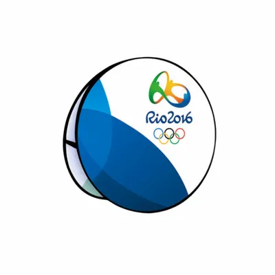 A round, promotional button features the Rio 2016 Olympic logo with colorful rings and stylised design, representing the event's branding.