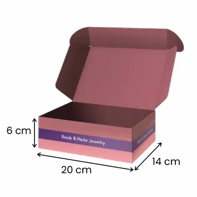 20 x 14 x 6 cm A custom-designed open jewellery box with a patterned exterior and the logo 'Rook & Helix jewellery ' showcasing the product's personalised branding.