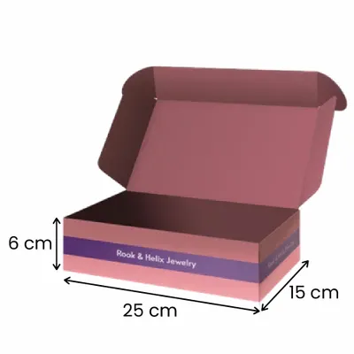 25 x 15 x 6 cm A custom-designed cardboard box with an open lid, featuring a patterned interior and the branding 'Rook & Helix jewellery ' on the side, intended for packaging products.