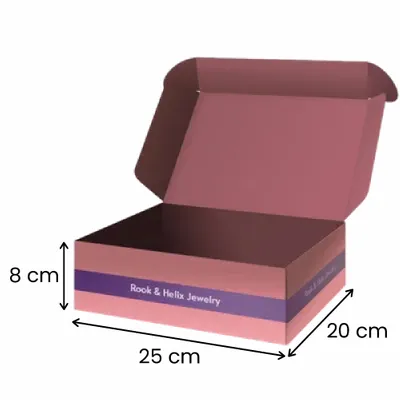 25 x 20 x 8 cm A custom-designed open jewellery box with a patterned interior and the brand name 'Rook & Helix jewellery' printed on the side, intended for product packaging.