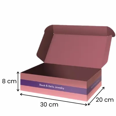 30 x 20 x 8 cm A custom printed cardboard jewellery box with lid open, displaying pattern and brand 'Rook & Helix jewellery' on the side.