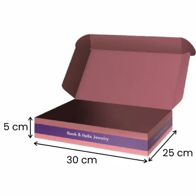 30 x 25 x 5 cm A custom-branded black and grey shipping box, open to display a patterned interior and the company logo, 'Rook & Helix jewellery', indicating its use for jewellery packaging.