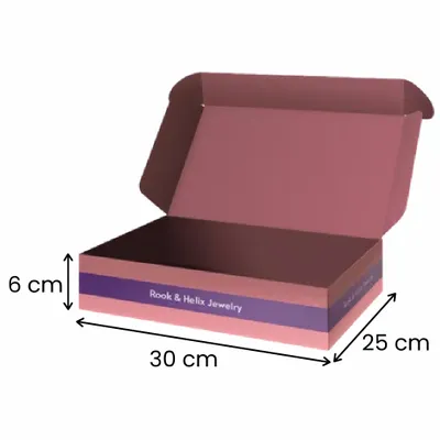 30 x 25 x 6 cm A custom-designed cardboard box with the lid open, featuring a pattern and the logo 'Rook & Helix Jewellery' prominently on the lower side.