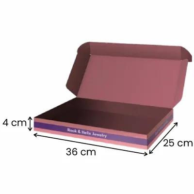 36 x 25 x 4 cm A custom jewellery box is partially open, displaying an intricate design and the brand 'Rook & Helix jewellery' on a grey background.