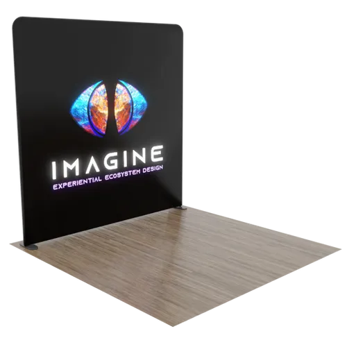 A trade show display with the text 'IMAGINE EXPERIENTIAL ECOSYSTEM DESIGN' and a colorful logo stands against a neutral background.