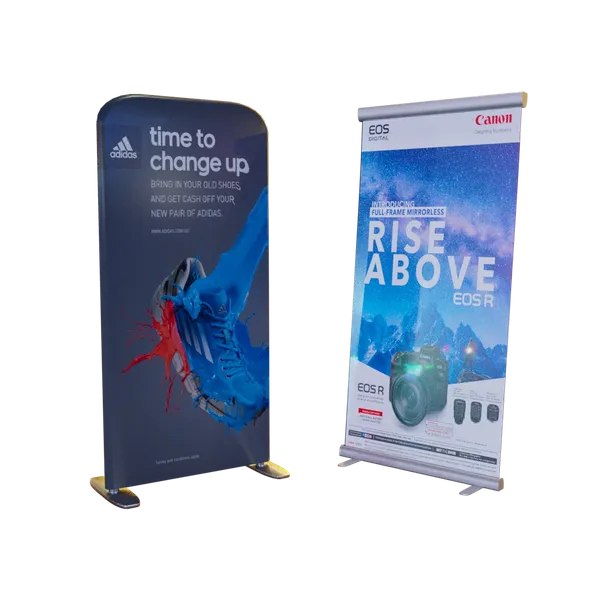 Two retractable banner stands displaying advertisements. The left banner promotes an Adidas shoe recycling program while the right banner introduces a Canon EOS camera series.
