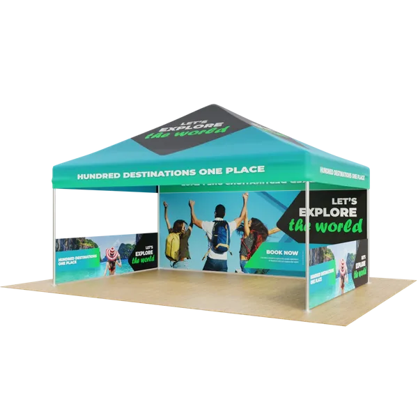 A custom-printed trade show tent with images of travelers and text that reads 'HUNDRED DESTINATIONS ONE PLACE - LET'S EXPLORE THE WORLD - BOOK NOW'.