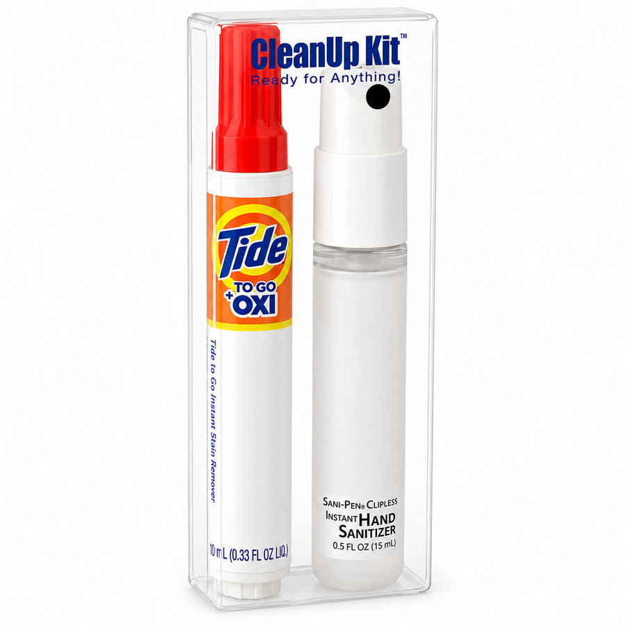 CleanUp Kit - Tide® to Go + Oxi and Sani-Pen® Clipless™ Travel Kits - Imprint Now - NZ